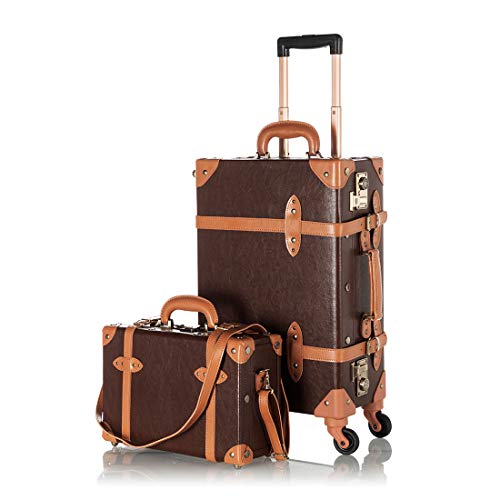 COTRUNKAGE Vintage Trolley Koffer Handgepäck mit Rollen, Reisekoffer Set 2 Teilig mit Beautycase, TSA Schloss, 55cm Handgepäck + Kosmetikkoffer(Kakaobraun) von COTRUNKAGE