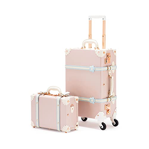 COTRUNKAGE Vintage Trolley Koffer Handgepäck mit Rollen, Reisekoffer Set 2 Teilig mit Beautycase, TSA Schloss, 66cm Koffer + Kosmetikkoffer(Kirschrosa) von COTRUNKAGE