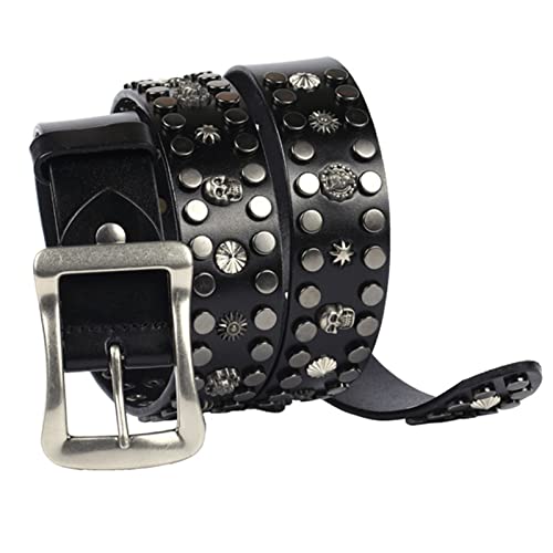 Herren/Damen Cool Goth Totenkopf Niete Echtleder Punk Rock Heavy Metal Biker Echtleder Gürtel Herren Bund Braun/Schwarz/Kaffee 38mm Breite,Schwarz,115cm/waist:38"~40" von COUGA