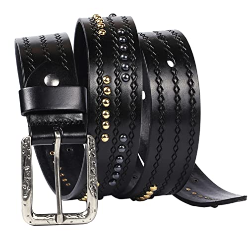 Nietengürtel, Gold&Silber Perlen Nietengürtel für Männer Frauen Punk Rock Style Top 100% Rindsleder Accessoires für Jeans Hosen, 38mm breit,Schwarz,105cm/waist:34"~36" von COUGA