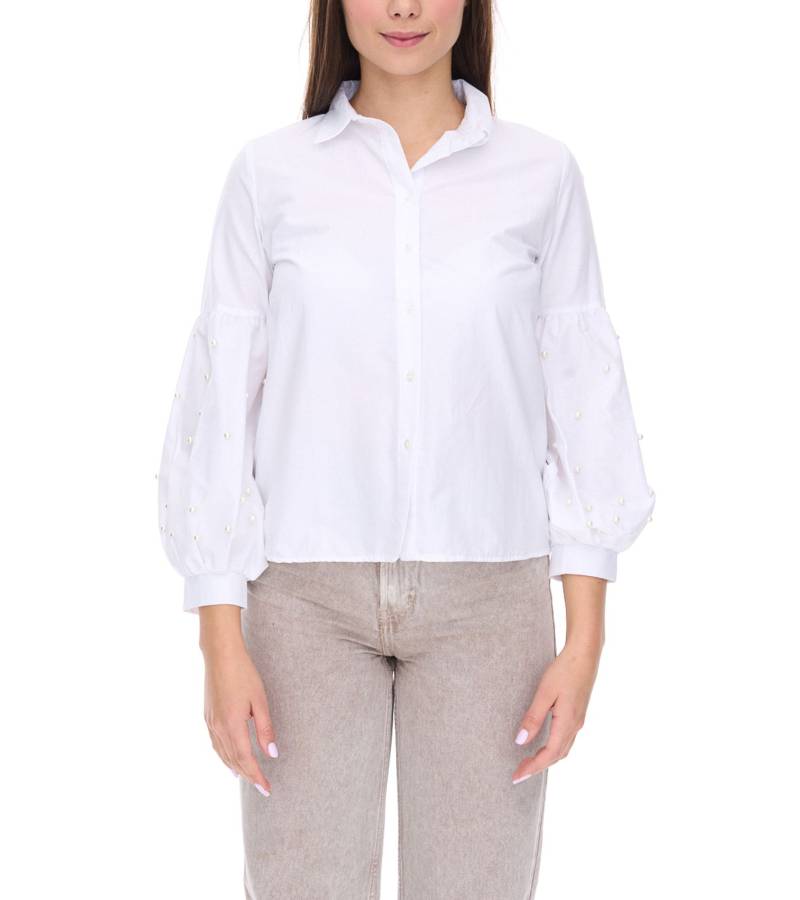 COURSE Damen Sommer-Bluse mit Perlen Langarm-Shirt 901879 Weiß von COURSE