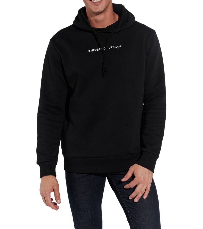 COURSE Herren Hoodie mit "# never not grindin"-Print auf Brust Kapuzen-Pullover Baumwoll-Sweater 901141 Schwarz von COURSE