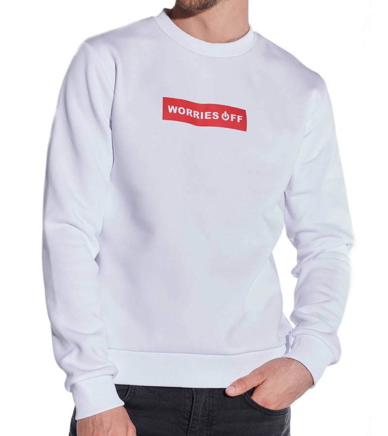 COURSE Herren Pullover mit Statement-Print "Worries Off" Rundhals-Pullover Baumwoll-Sweater 5045 Weiß von COURSE