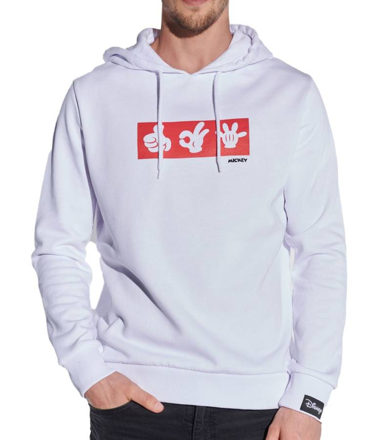 COURSE Mickey Mouse Herren Hoodie mit Mickey-Hand-Print und Patch Kapuzen-Pullover Baumwoll-Sweater 4845 Weiß von COURSE