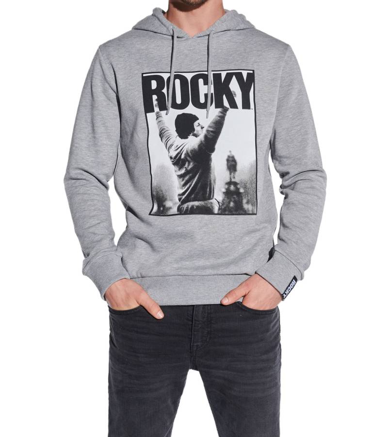 COURSE Rocky Balboa Herren Hoodie im melierten Design Kapuzen-Pullover mit großen Rocky Foto-Print und Patch Baumwoll-Sweater 4860 Grau von COURSE