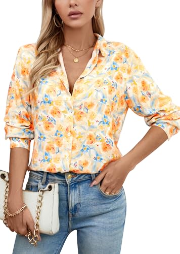 COUXILY Blusen für Damen, modisch, langärmelig, Button-Down-Shirt, elegant, lässig, Arbeitsblusen, Gelb mit Blumenmuster, Groß von COUXILY