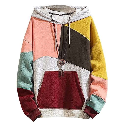 Covisoty Hoodie Herren Kapuzenpullover Techwear Hip Hop Long Sleeve Streetwear Farbblock Pullover Sweatshirt Rosa Gelb L von Covisoty