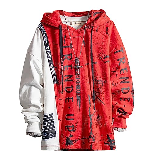 Covisoty Hoodie Herren Kapuzenpullover Techwear Hip Hop Long Sleeve Streetwear Farbblock Pullover Sweatshirt Rot 3XL von Covisoty