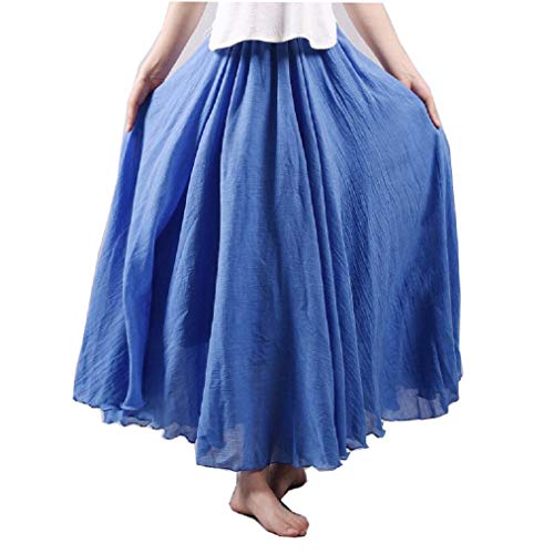 COVPAW Damen Maxirock Baumwolle Boho Plissee Retro Langer Sommerrock Faltenrock Strandrock Elastische Taille Tanzrock Double Layer (Denimblau) von COVPAW