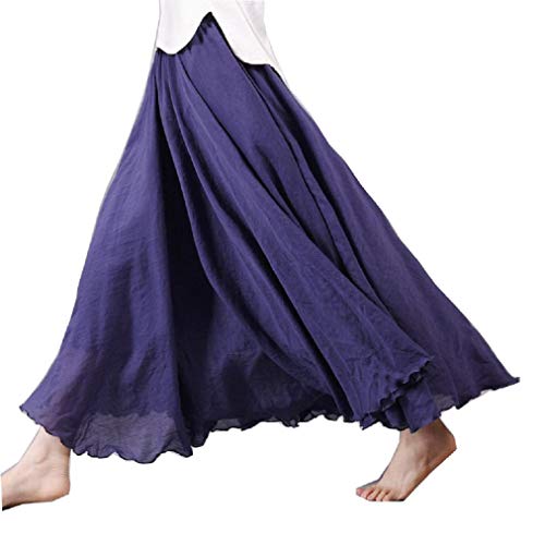 COVPAW Damen Maxirock Baumwolle Boho Plissee Retro Langer Sommerrock Faltenrock Strandrock Elastische Taille Tanzrock Double Layer (Navy) von COVPAW