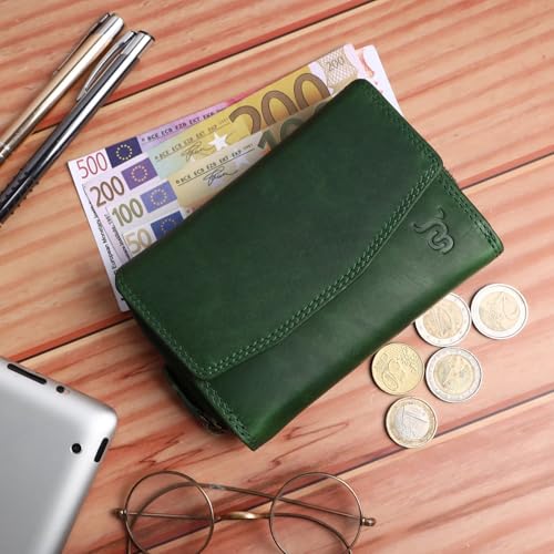 COWBURRY Echtleder Damen Geldbörse Hochwertig Vintage RFID Schutz CB-6 Green von COWBURRY