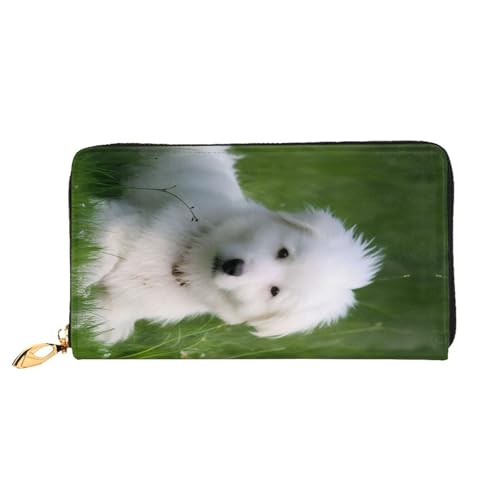 COWMMWOC Bichon On The Grass Geldbörse Damen Leder Reißverschluss Geldbörse Große Kapazität Geldbörse mit mehreren Fächern für Kreditkarten Bargeld Münzen, 3D, one size von COWMMWOC