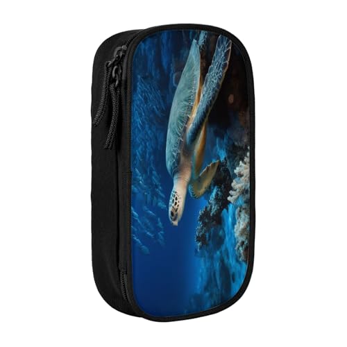 COWMMWOC Großes Federmäppchen mit Meeresschildkröte mit Fischen, großes Fassungsvermögen, multifunktionale Aufbewahrungstasche, strapazierfähiges Polyester-Oxford-Gewebe mit Doppelreißverschluss, 21 x von COWMMWOC