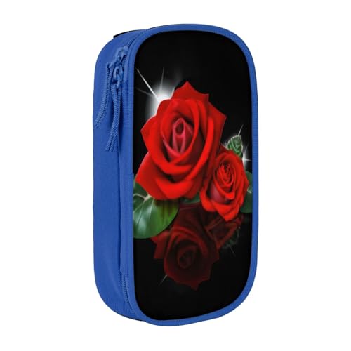 COWMMWOC Großes Federmäppchen mit roten Rosen, großes Fassungsvermögen, multifunktionale Aufbewahrungstasche, strapazierfähiges Polyester-Oxford-Gewebe mit Doppelreißverschluss, 21 x 10,5 x 5 cm, 3D von COWMMWOC
