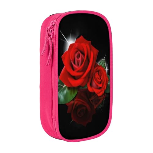COWMMWOC Großes Federmäppchen mit roten Rosen, großes Fassungsvermögen, multifunktionale Aufbewahrungstasche, strapazierfähiges Polyester-Oxford-Gewebe mit Doppelreißverschluss, 21 x 10,5 x 5 cm, 3D von COWMMWOC