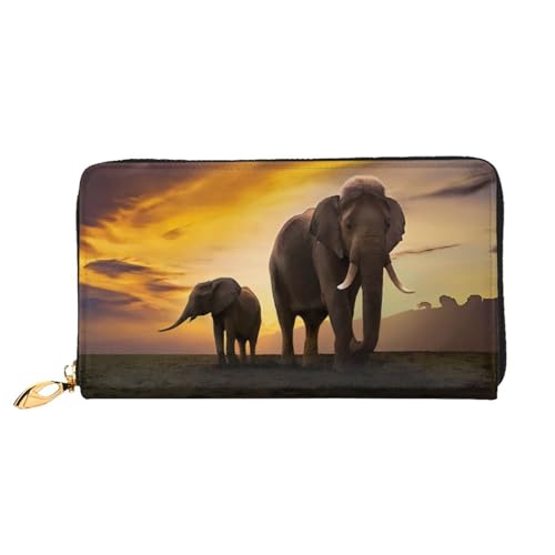 COWMMWOC Sunset Elephant Leder Lange Reißverschluss Handgeldbörse Große Kapazitäten Damen Geldbörse mit mehreren Taschen Fit Kreditkarte, Bargeld, Münze, 3D, Einheitsgröße von COWMMWOC