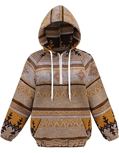 COWOKA Damen Aztekenmuster Western Ethno Half Zip Langarm Pullover Hoodie Sweatshirt, khaki, X-Small von COWOKA