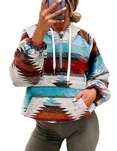 COWOKA Damen Aztekenmuster Western Ethno Half Zip Langarm Pullover Hoodie Sweatshirt, rot, Medium von COWOKA
