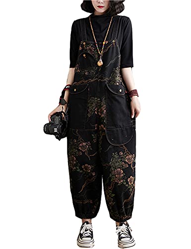 COWOKA Damen Lose Baggy Overalls Denim Bedruckt Lätzchen Schritt Baumwolle Weite Bein Jumpsuit Haremshose, Floral2, X-Large von COWOKA