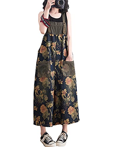 COWOKA Damen Lose Druck Verstellbare Träger Denim Baggy Bib Overalls Casual Wide Leg Jeans Jumpsuit Strampler Hosen, dunkelblau, Medium von COWOKA