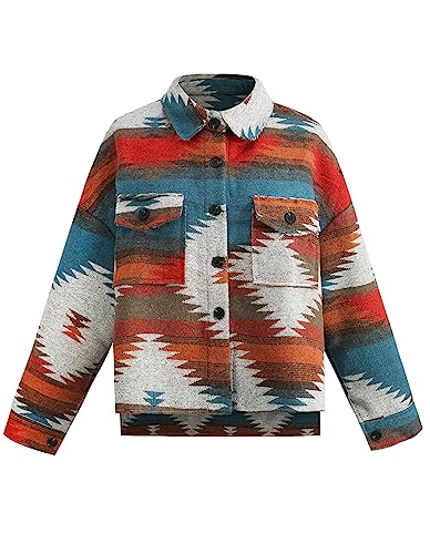 COWOKA Damen Vintage Aztekenmuster Lose Shacket Knopfleiste Langarm Wolljacke Shirts Mantel, Red Style2, Medium von COWOKA