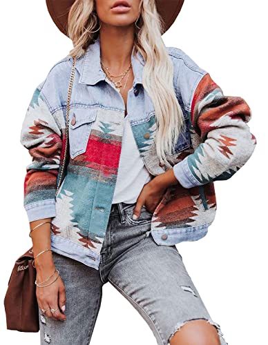 COWOKA Damen Vintage Aztekenmuster Lose Shacket Knopfleiste Langarm Wolljacke Shirts Mantel, hellblau, Small von COWOKA