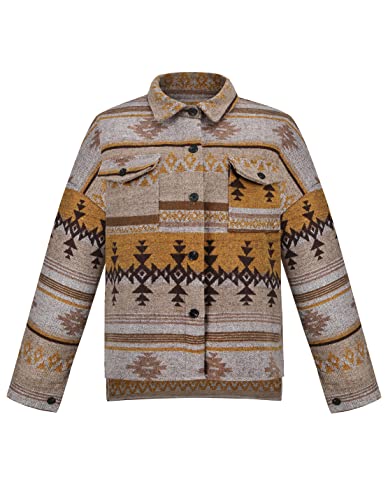 COWOKA Damen-Shacket mit Aztekenmuster, lockerer Schnitt, Knopfleiste, langärmelig, Wolljacke, Hemden, Mantel, Khaki, XL von COWOKA