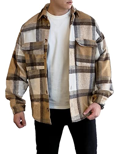 COWOKA Herren Casual Warm Plaid Wollmischung Jacke Fleece Relaxed Fit Button Up Langarm Shirt Mantel, Khaki, XL von COWOKA