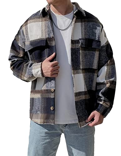 COWOKA Herren Casual Warm Plaid Wollmischung Jacke Fleece Relaxed Fit Druckknöpfe Langarm Shacket Shirt Mantel, blau, Medium von COWOKA