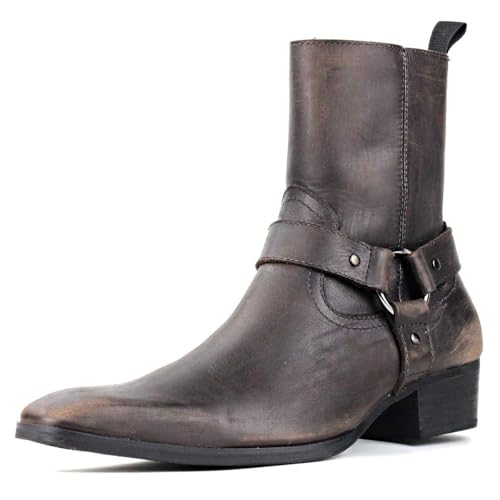 COWSDELLA Herren Chelsea Stiefel Elegante Heels Ankle Echtes Leder Kleid Stiefel für Männer mit Reißverschluss Designer Stiefel CD-JY017-10.5-DE-R Schnalle dunkelbraun von COWSDELLA