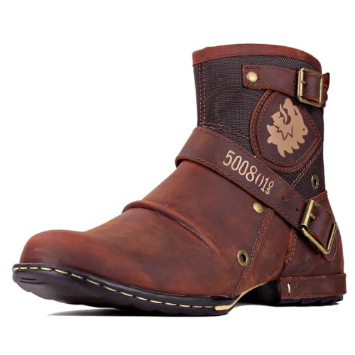 COWSDELLA Herren Echtes Leder Handgefertigte Mode Chukka Stiefel Motorradstiefel für Herren mit Reißverschluss Klassisch CD-5008-1-A-13-R Retro rotbraun von COWSDELLA