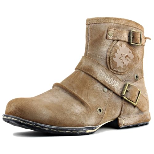 COWSDELLA Herren Echtes Leder Handgefertigte Mode Chukka Stiefel Motorradstiefel für Herren mit Reißverschluss Klassisch CD-5008-1-F-9.5-R weißer Ton Beige von COWSDELLA