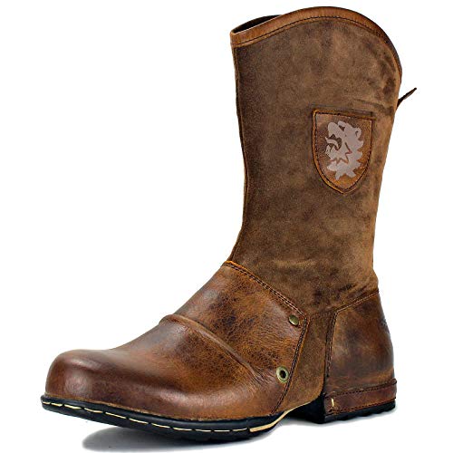 COWSDELLA Herren Stiefel aus Leder Rindsleder mit Cowboy Biker Motorrad Boots mit Reißverschluss Klassisch 10" Männer mit 0.98" Absatz CD-5008-1-H1-Brown-10.5-R von COWSDELLA