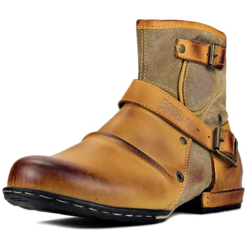 Herren Stiefel aus Leder Rindsleder mit Gummisohle Biker Motorrad Boots mit Reißverschluss Retro CD-5008-1-Z, Retro Gelb US10.5(EU44) von COWSDELLA