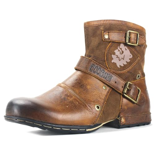 Herren Stiefel aus Leder Rindsleder mit Gummisohle Biker Motorrad Boots mit Reißverschluss Retro CD-5008-1-E, Vintage gelb braun US7.5(EU40) von COWSDELLA
