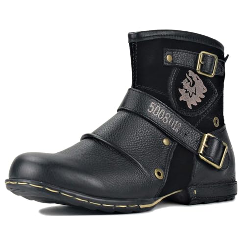 Herren Stiefel aus Leder Rindsleder mit Gummisohle Biker Motorrad Boots mit Reißverschluss Retro CD-5008-1-N-S, Wildleder Schwarz US8(EU40.5) von COWSDELLA