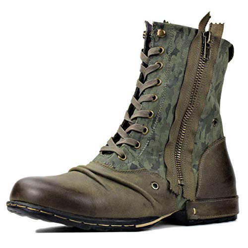 COWSDELLA Herren Stiefel aus Leder Rindsleder mit Gummisohle Biker Motorrad Boots Männer Stiefeletten 5008-8-H，Hohes Tarngrün，US10.5,EU44 von COWSDELLA