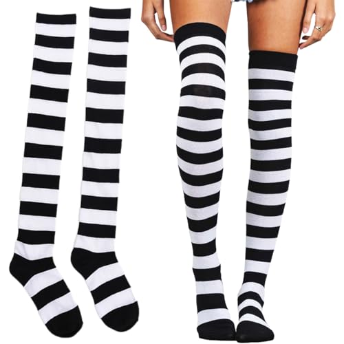 COYUN 1 Paar Unisex Kniestrümpfe, Kniestrümpfe mit Streifen, Oberschenkelhohe Socken, Overknee Strümpfe, Fingerlose Handschuhe, Hülsen-Set für Damen, Mädchen, Party, Kostüm, Halloween von COYUN