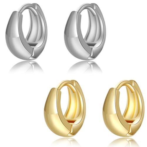 COYUN 2 Paar Chunky Creolen für Damen, Creolen Ohrringe Damen, Gold Silber Ohrringe Klobig Kleine Creolen Klobig Dick Knorpel Kreolen Huggie Creolen Mini Kleine Creolen Leicht Breit Ohrringe Mädchen von COYUN
