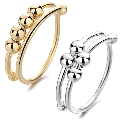 COYUN 2 Pcs Anxiety Ring Fidget Ring Anti Stress Ring Angst Spinning Mit Perlen Offene Spinner Damen Anxiety Stressringe Zur Linderung von Ängsten Spinning Ring für Mädchen Frauen Schwarz Silber Gold von COYUN