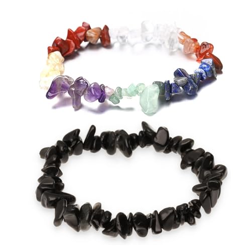 COYUN 2 Pcs Naturstein Splitter Armband, Handgefertigtes Elastisches Stretch Splitter Armband, Chakren Armband, Armbänder Aus Rohen Edelsteinen Damen Herren,Echter Natürlicher Edelstein(Bunte/Schwarz) von COYUN