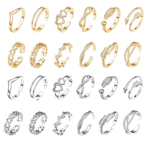 COYUN 24 Pcs Zehenringe, Offene Zehenringe Set Fußringe für Damen gefüllte Zehenringe verstellbares Fußzubehör Fußschmuck Eleganter Offene Sommer Maritim Strand Zehenringe(Gold, Silber) von COYUN