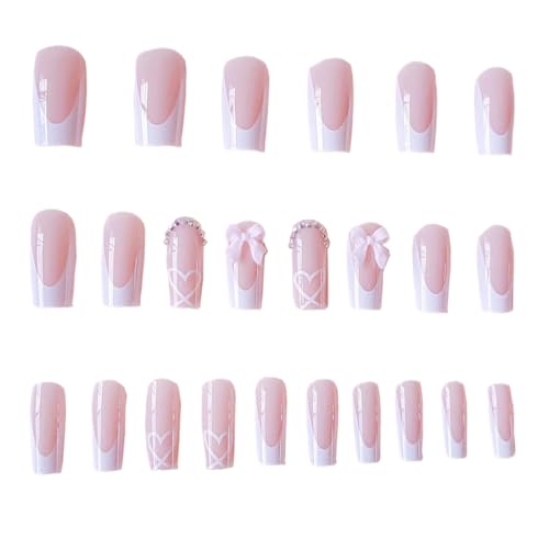 COYUN 24 Stück French Press on Nails with Charms Mittel Fake Nails Weiß French Nails Press ons Süße Schleife Klebenägel lang, Klebe Nägel Damen, Quadratisch Acrylnägel Herznägel Strassnägel von COYUN