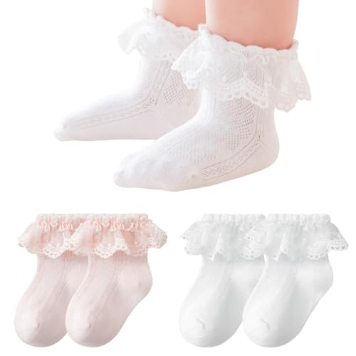 COYUN 2er Pack Rüschen Spitze Baby Mädchen Socken Schule Kleinkind Mädchen mit Rüschen Baumwolle Spitze Taufe Ösen Kleid Söckchen für Baby Kleinkind von COYUN