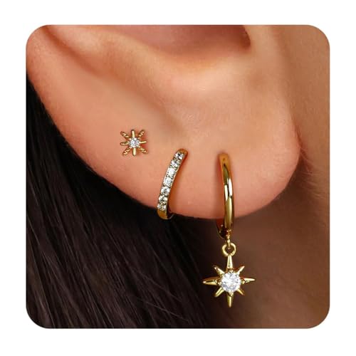 COYUN 3 Paar Ohrringe für Damen Mädchen Hypoallergen Klein Ohrstecker, Vergoldet Kleine Ohrstecker, Stapelbar Zirkonia Helix Piercings Ohr Gold Ohrstecker Creolen Ohrringe Set für Mehrere Piercings von COYUN