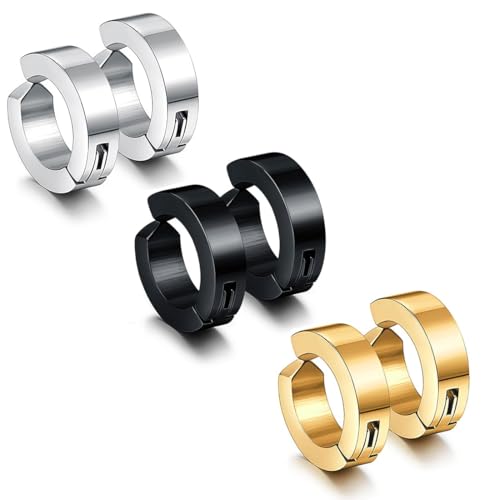 COYUN 3 Paar Schwarze Ohrclips aus Edelstahl, ungestochene Fake Ohrringe in Hip Hop Punk Style für Männer und Frauen, Unisex Kein Piercing Ohrring Set, Nicht Durchdringender Clip für Männer von COYUN