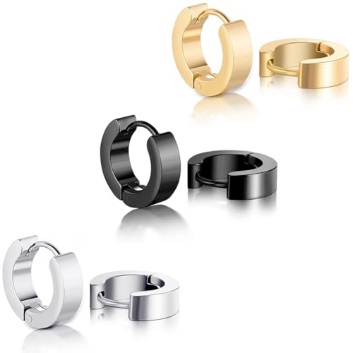 COYUN 3 Paare Herren Ohrringe Edelstahl Creolen Hoops Earrings Set Ohrringe Männer Frauen Knorpel Helix Piercing Ohr Mode Punk Ohrringe Creolen Ohrringe(Gold, Silber, Schwarz) von COYUN