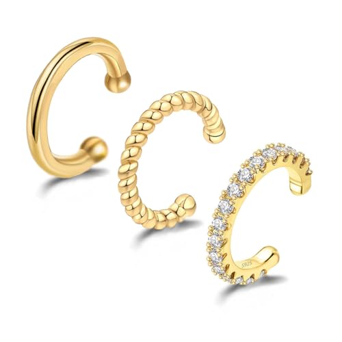 COYUN 3 Stück Ear Cuff für Damen-CZ Fake Helix Knorpel Ohrringe Fake Piercing Ohrmanschette Ohrringe Gold Clip Ohrklemme silber Gold Funkelnde RundeHuggie Ohrringe Ohne Ohrloch von COYUN