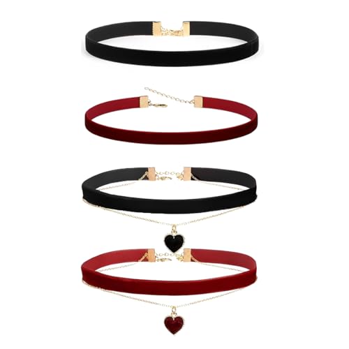 COYUN 4 Pcs Choker Halsband, Choker Kette Damen Klassische Samt Herz Halskette Geschichtet Verstellbare Gothic Schmuck Choker Damen 90er Deko Geschenk für Geburtstag Weihnachten Frauen Mädchen von COYUN