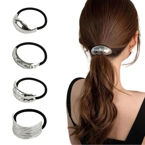 COYUN 4 Pcs Haarmanschetten Für Pferdeschwanz,Metall Haar Manschette Haargummi Silber, Modische Hair Accessoires,Haarklammer Zopfgummi Damen,Haarringe,Haarschmuck Silber Punk Haar Halter Ponytail Cuff von COYUN
